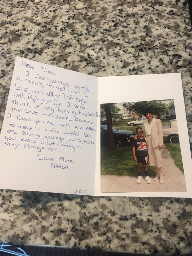 Image of the card received and the included photo of Miles & His Mother.